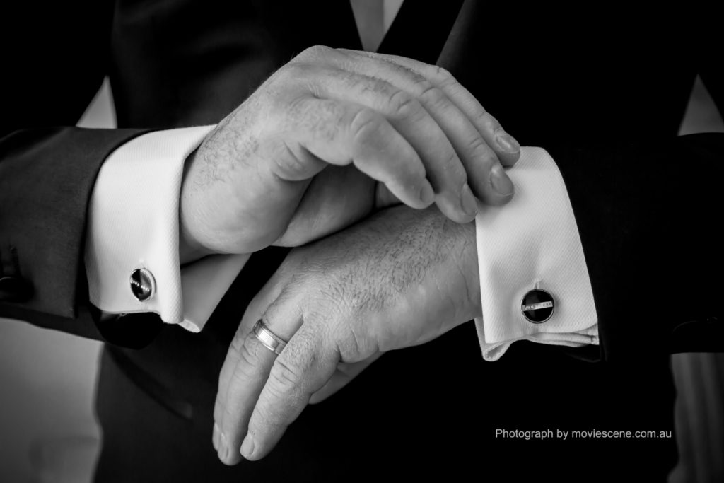 Movie Scene Wedding Photo of Grooms Cufflinks Melbourne Wedding Videography and Photography